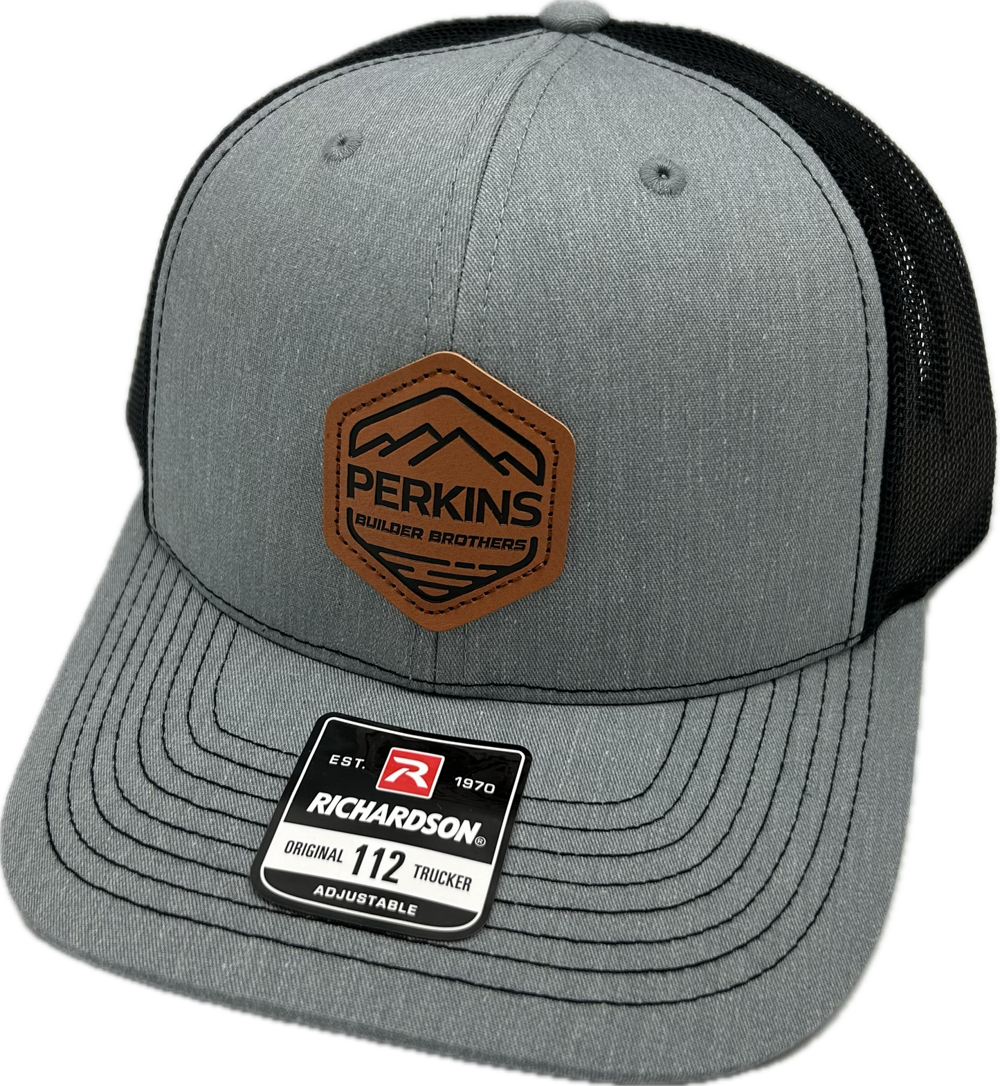 Debossed Faux Leather Patch - Richardson 112 Snapback Trucker Hat - Heather Grey/Black - Perkins Builder Brothers