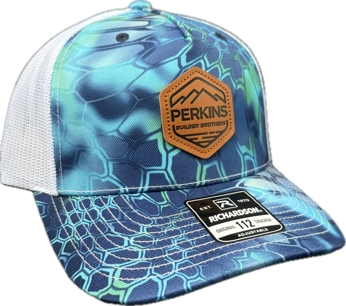 Debossed Faux Leather Patch - Richardson 112 Snapback Trucker Hat - Kryptek Pontus/White - Perkins Builder Brothers