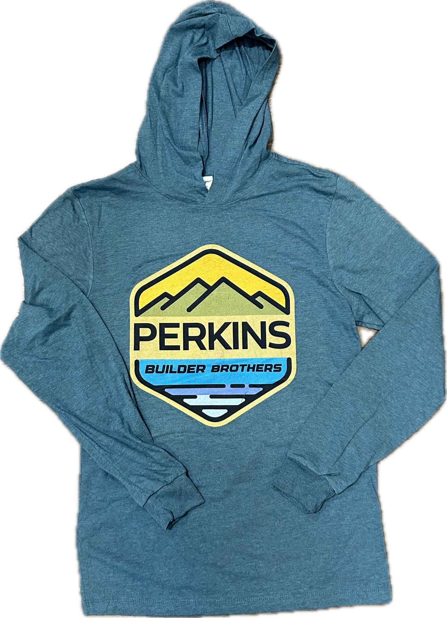Lightweight T-Shirt Hoodie - Mako Blue - Perkins Builder Brothers Full Color Logo
