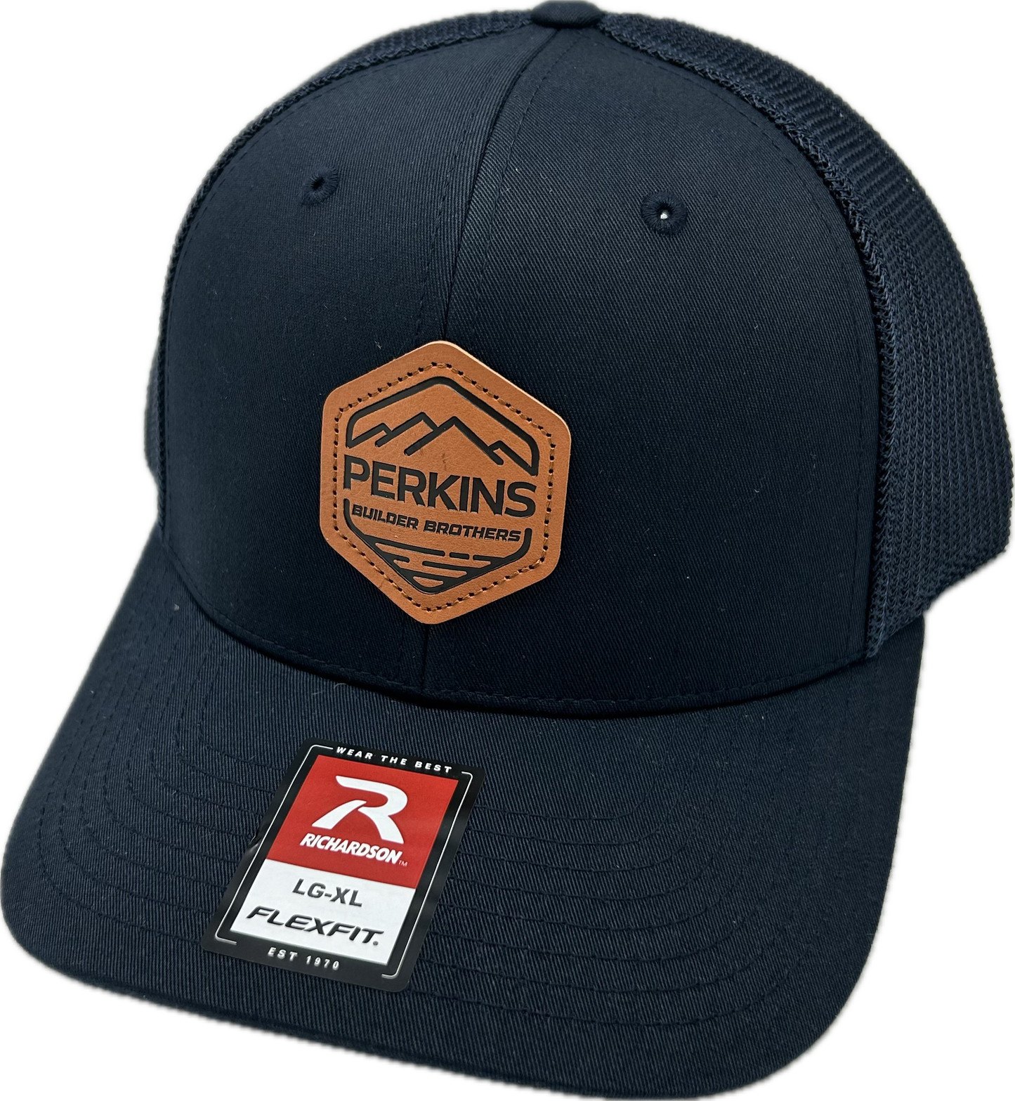 Debossed Faux Leather Patch - Richardson 110 R-Flex Trucker Hat - Navy/Navy (LG/XL) - Perkins Builder Brothers