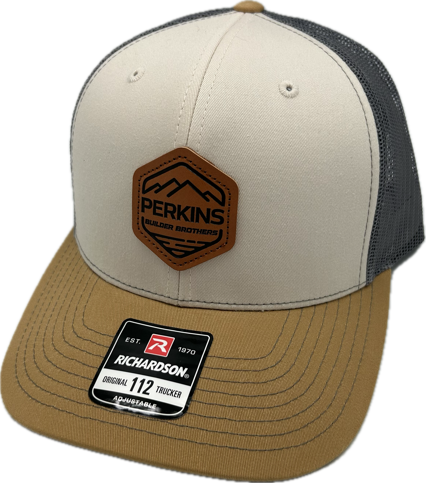 Debossed Faux Leather Patch - Richardson 112PFP Snapback Trucker Hat - Tri Mink Biege/Charcoal/Amber Gold - Perkins Builder Brothers