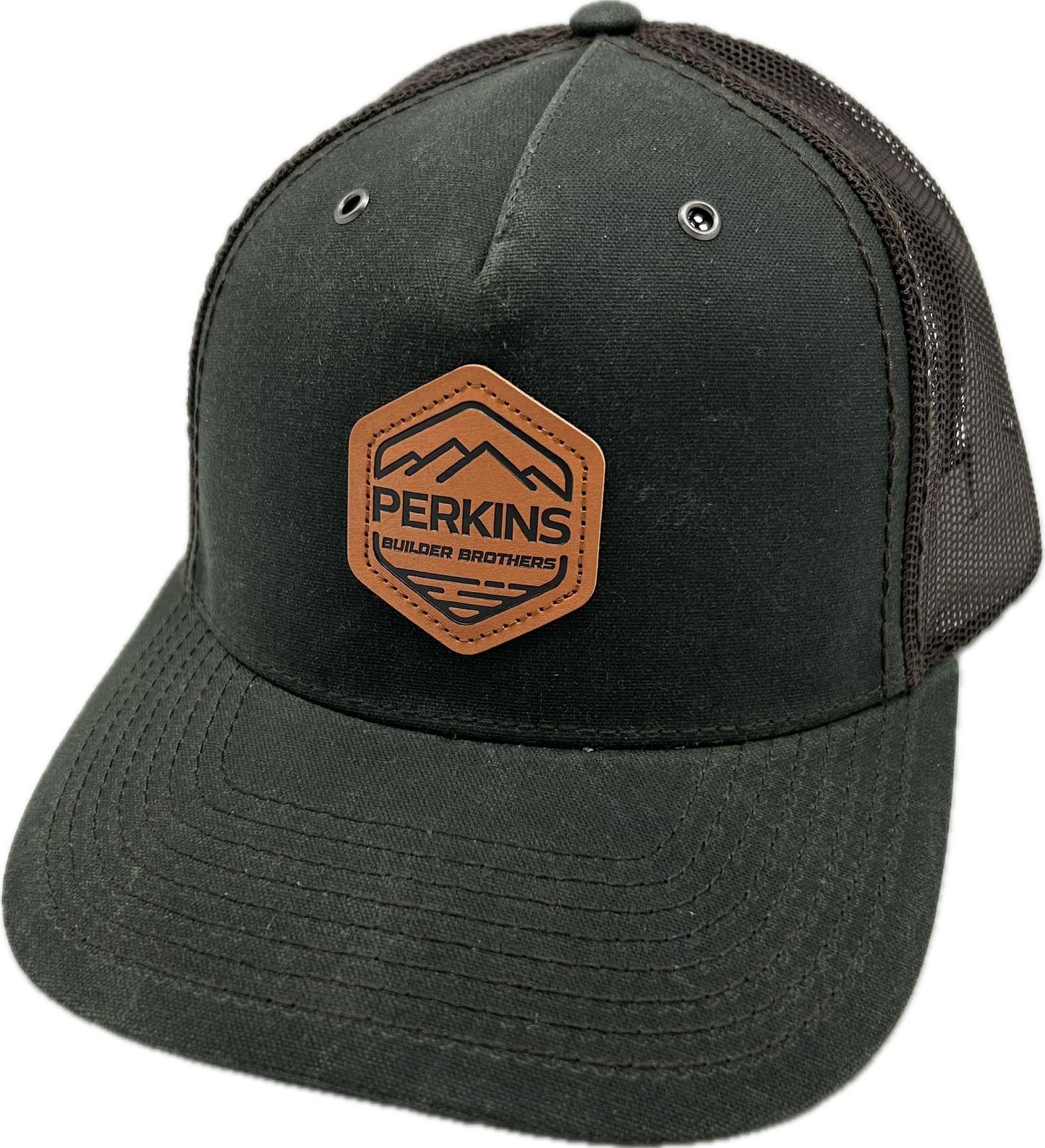 Debossed Faux Leather Patch - Richardson 112WH Weatherproof Trucker Hat - Dark Olive/Coffee - Perkins Builder Brothers