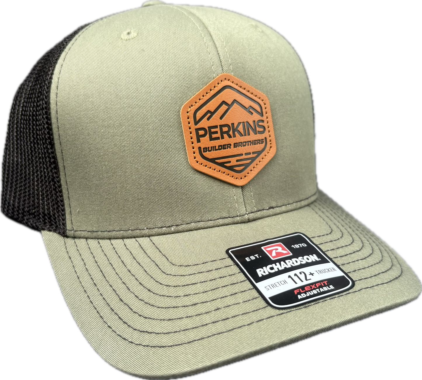Debossed Faux Leather Patch - Richardson 112+ Snapback Trucker Hat - Loden/Black - Perkins Builder Brothers