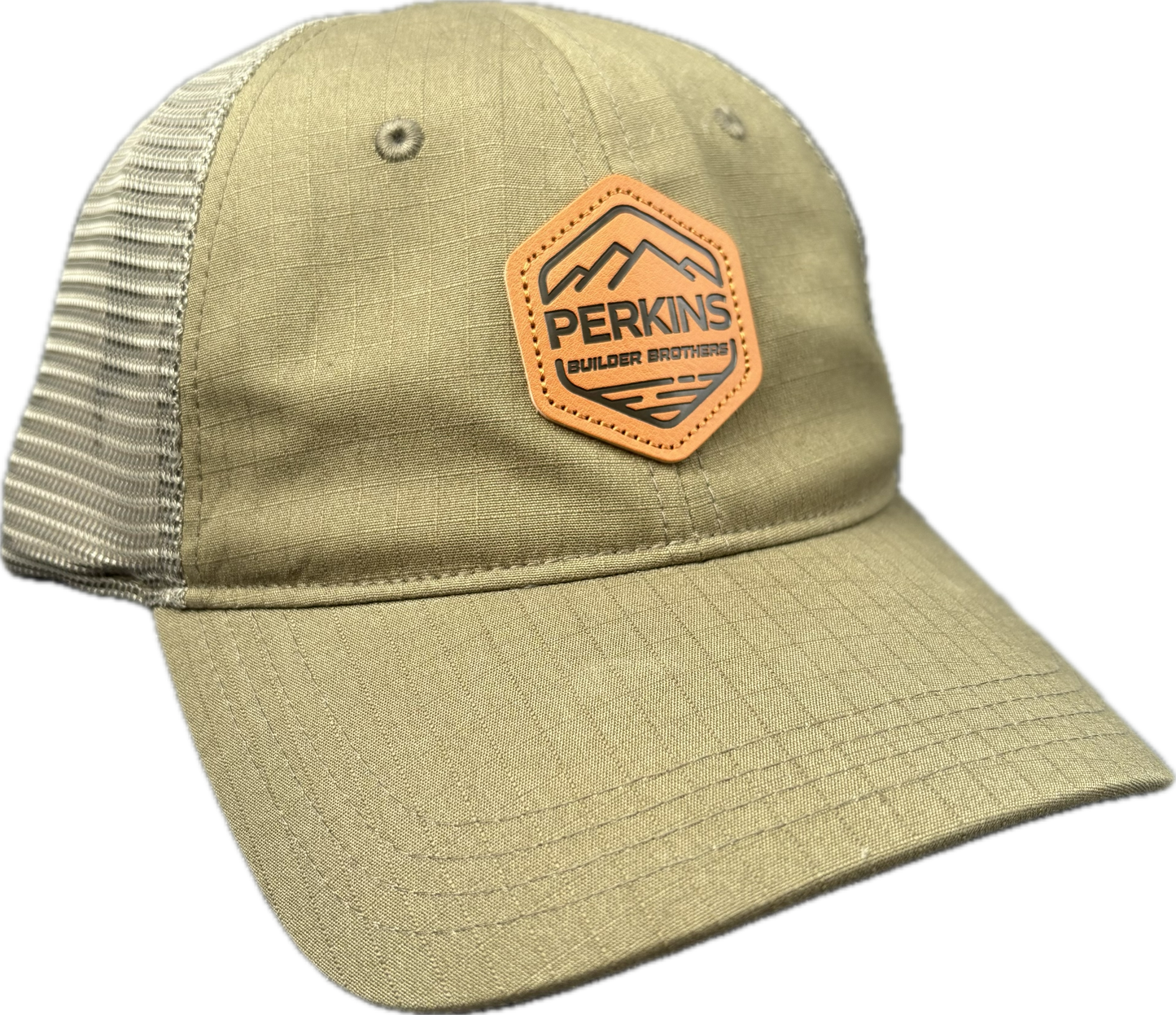 Debossed Faux Leather Patch - Richardson 111 Tactical Snapback Trucker Hat - Multican Tropic/Loden - Perkins Builder Brothers