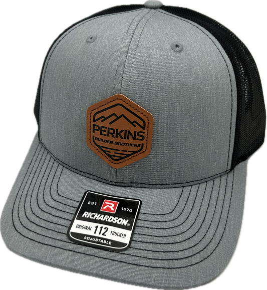 (YOUTH) Debossed Faux Leather Patch - Richardson 112 Snapback Trucker Hat - (YOUTH) Heather Grey/Black - Perkins Builder Brothers