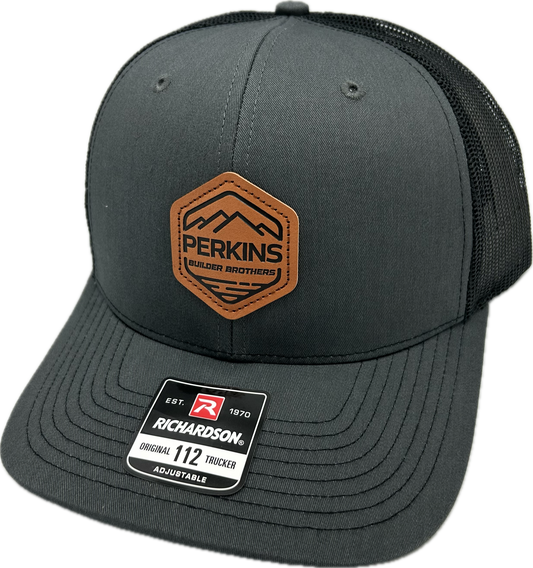 Debossed Faux Leather Patch - Richardson 112 Snapback Trucker Hat - Charcoal/Black - Perkins Builder Brothers