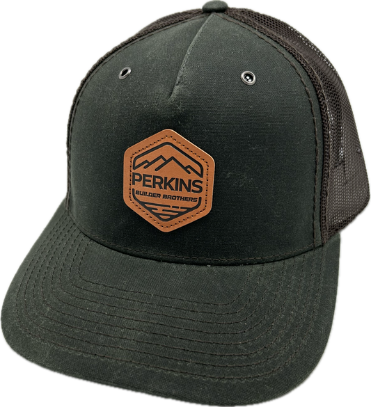 Debossed Faux Leather Patch - Richardson 112WH Weatherproof Trucker Hat - Dark Olive/Coffee - Perkins Builder Brothers