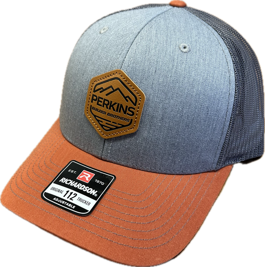 Debossed Faux Leather Patch - Richardson 112 Snapback Trucker Hat - Grey/Charcoal/Dark Orange - Perkins Builder Brothers