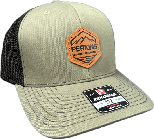 Debossed Faux Leather Patch - Richardson 112+ Snapback Trucker Hat - Loden/Black - Perkins Builder Brothers