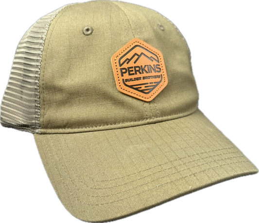 Debossed Faux Leather Patch - Richardson 111 Tactical Snapback Trucker Hat - Multican Tropic/Loden - Perkins Builder Brothers