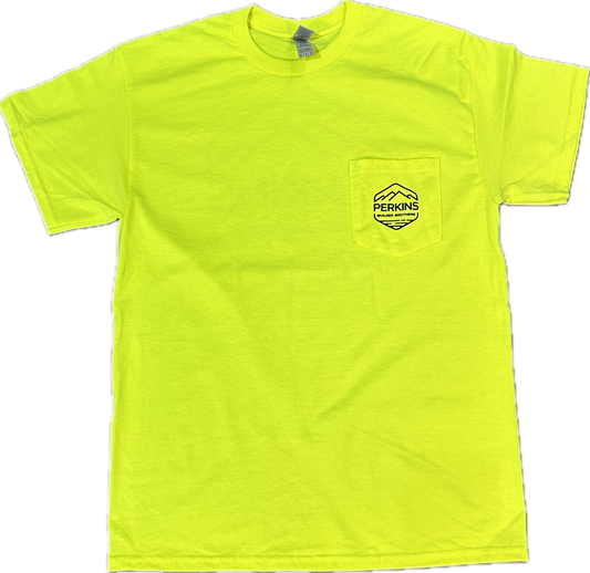 Mens Pocket T-Shirt - Safety Yellow - Distressed Perkins Builder Brothers Logo