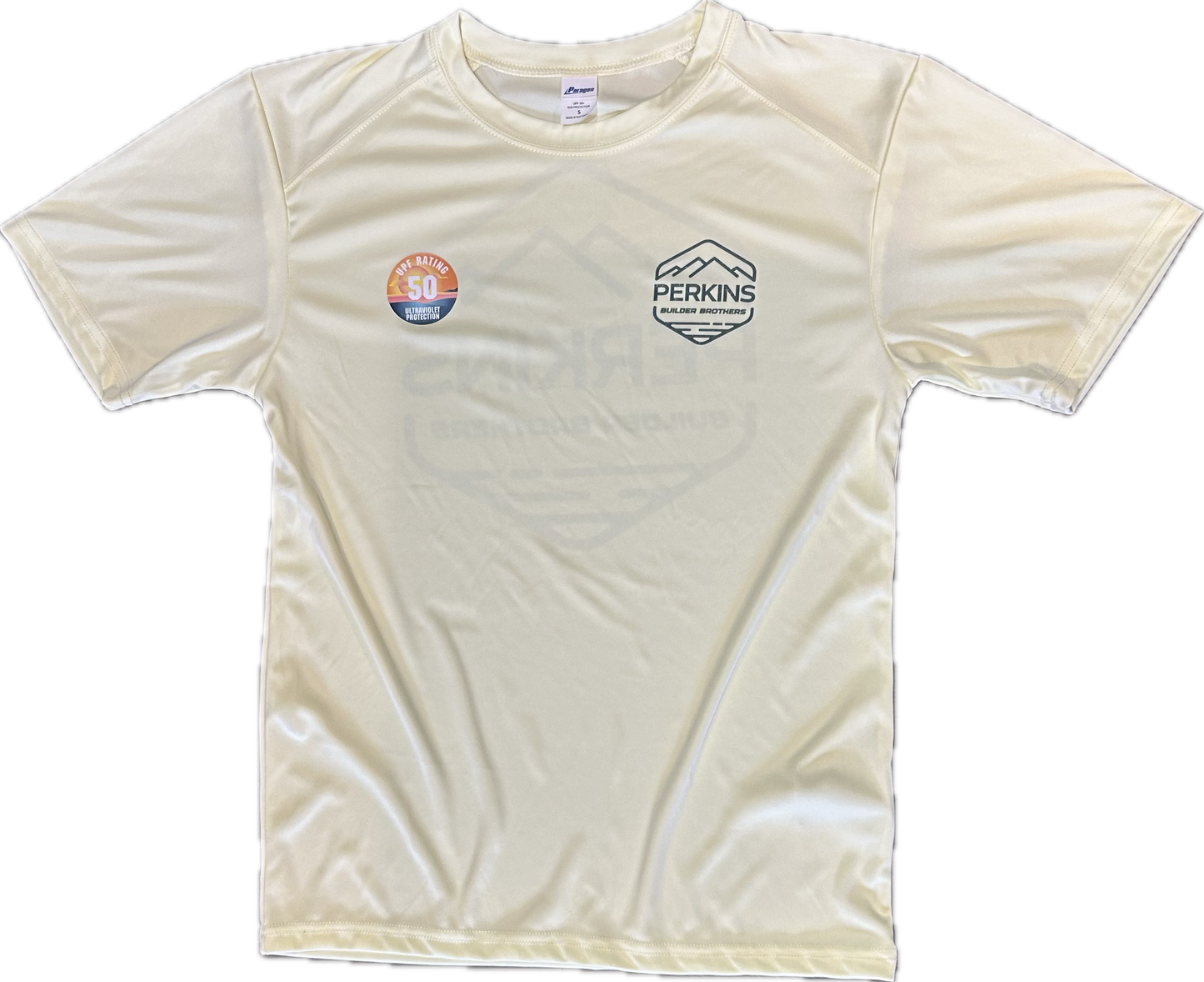 UPF 50+ Short Sleeve No-Sun Shirt - Pale Yellow - Perkins Builder Brothers Distressed Logo