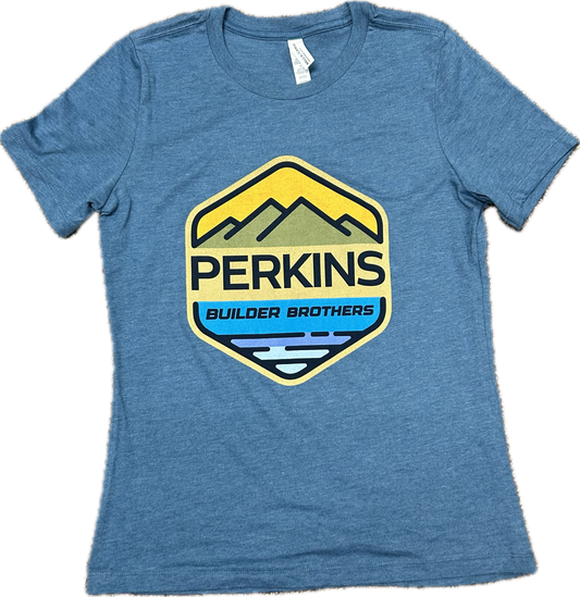 Ladies Crew Tee - Mako Blue - Perkins Builder Brothers Full Color Logo