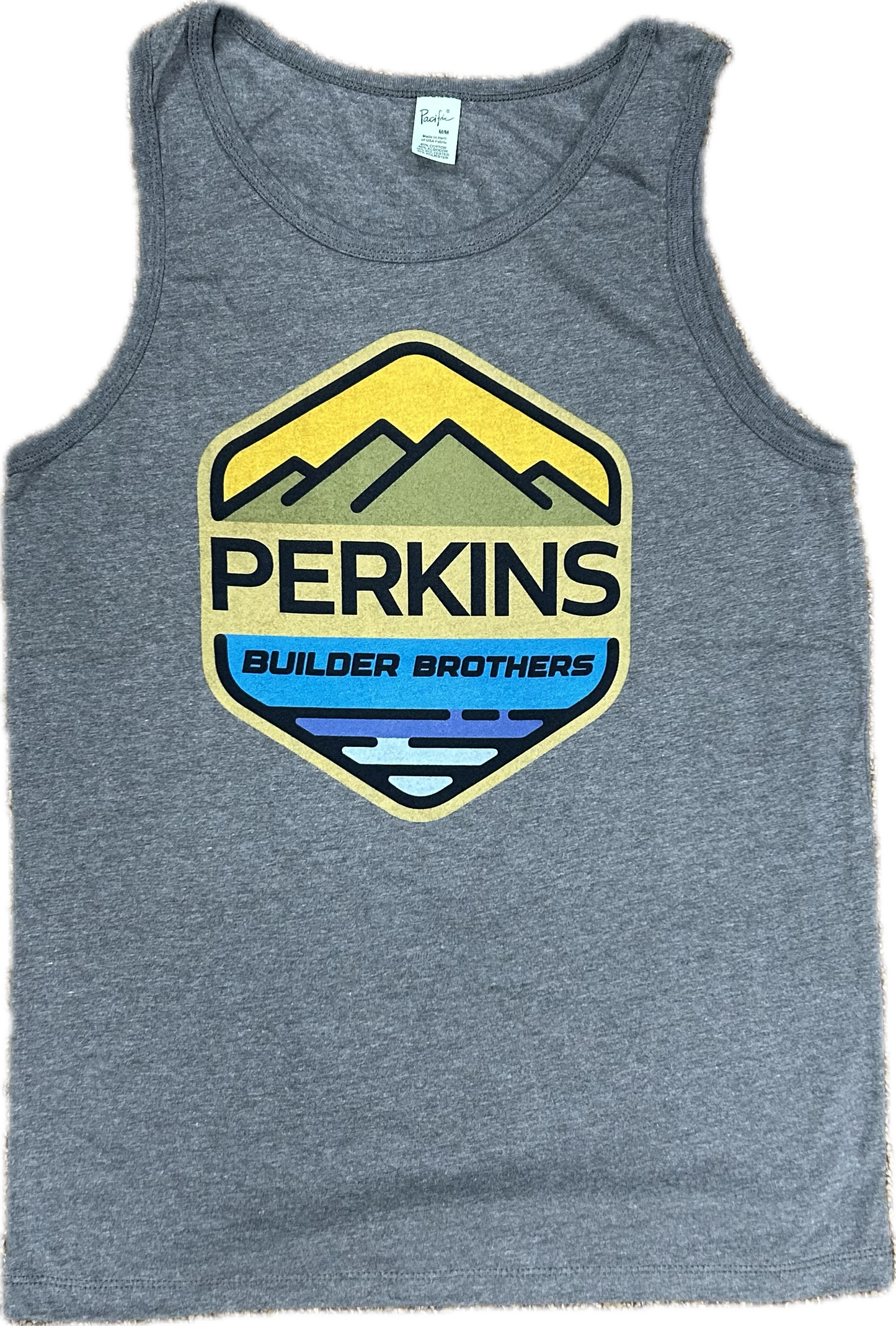 Camiseta para hombre - Azul marino jaspeado - Logotipo a todo color de Perkins Builder Brothers
