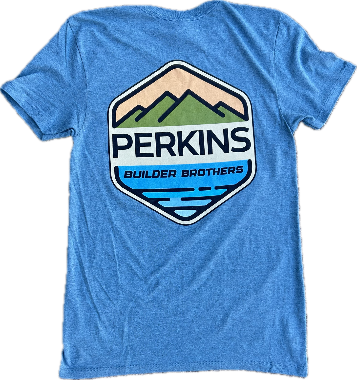 Camiseta para hombre - Azul marino jaspeado - Logotipo a todo color de Perkins Builder Brothers
