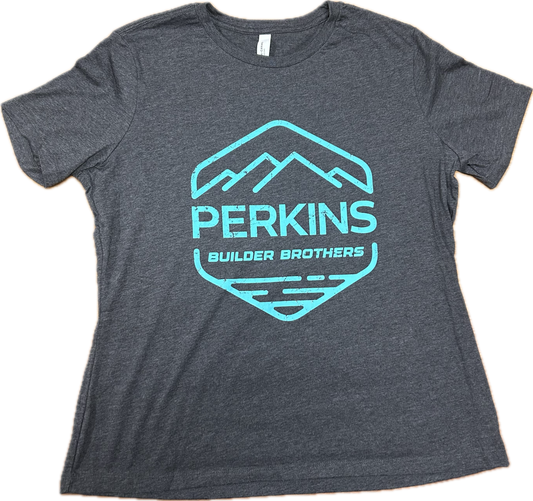 Womens Crew Tee - Dark Grey Heather - Perkins Builder Brothers Distressed Seafoam
