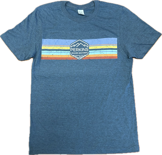 Mens T-Shirt - Mako Blue - Perkins Builder Brothers Logo Retro Stripes