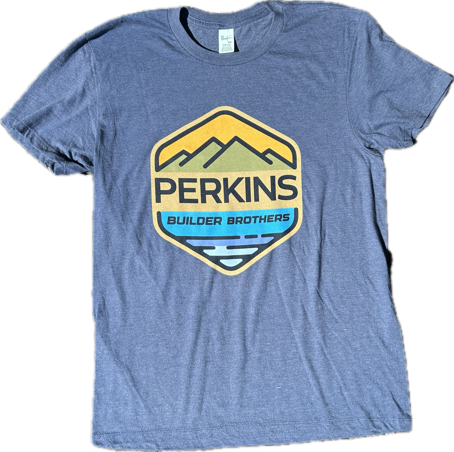 Camiseta para hombre - Azul marino jaspeado - Logotipo a todo color de Perkins Builder Brothers