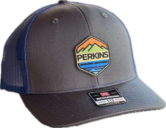 Full Color Rubber Patch - Richardson 112 Snapback Trucker Hat - Charcoal/Royal Blue - Perkins Builder Brothers (Copy)