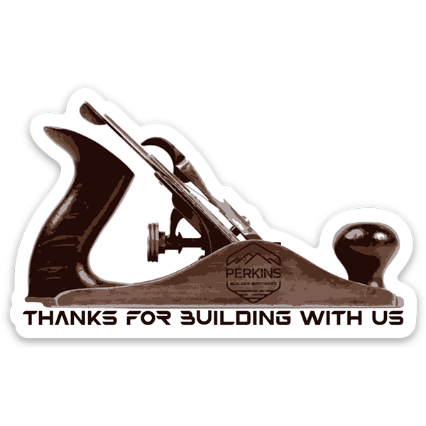 3"x1.85" Gracias por construir con nosotros - Etiqueta engomada del avión de mano - Perkins Builder Brothers